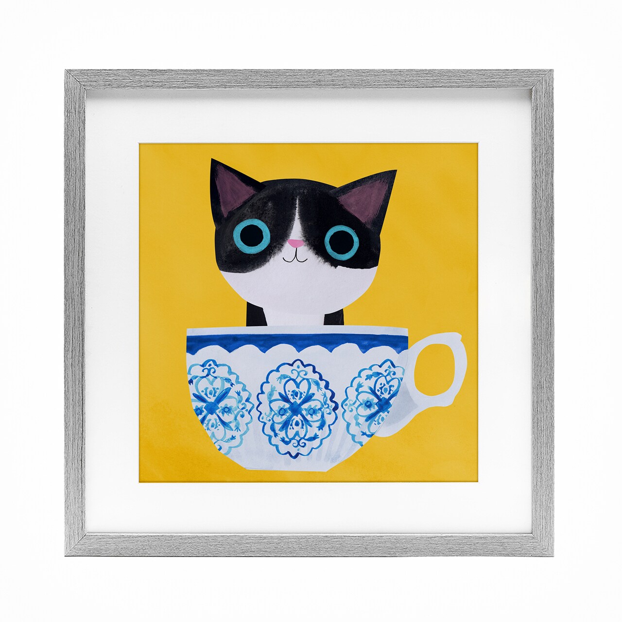 Stupell Industries Teacup Kitten on Yellow Framed Print Under Glass, design by Angie Rozelaar